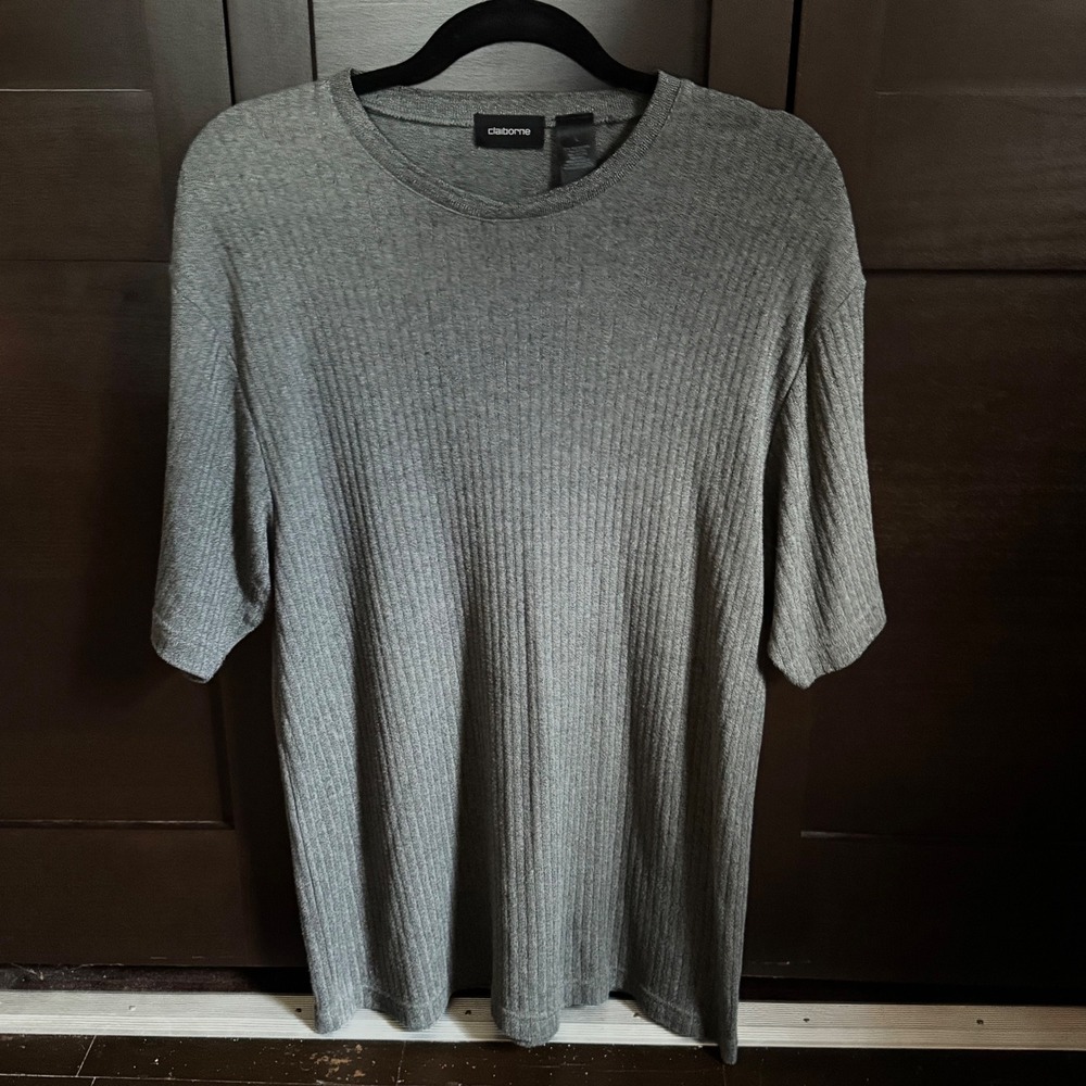 Claiborne Mens Grey Ribbed Knit Short Sleeve Crewneck T-Shirt Size L